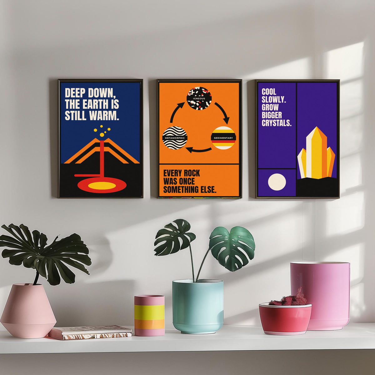 Geology Quotes Set of Three Art Prints - 3 Retro Bauhaus Rocks and Fossils Posters - Minimalist Science Wall Art Illustration V2