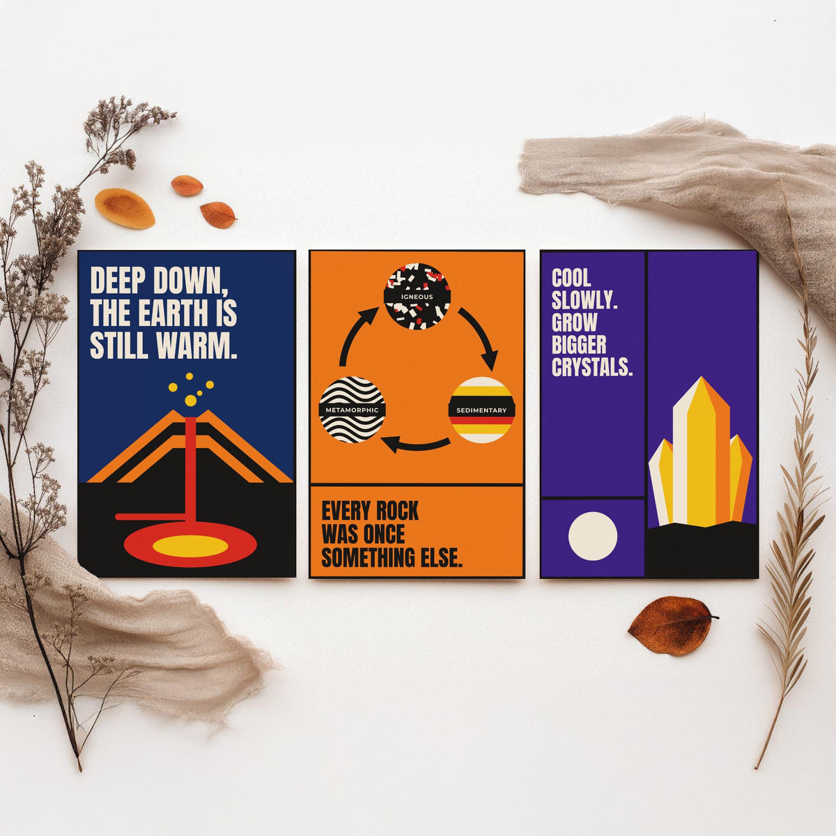 Geology Quotes Set of Three Art Prints - 3 Retro Bauhaus Rocks and Fossils Posters - Minimalist Science Wall Art Illustration V2