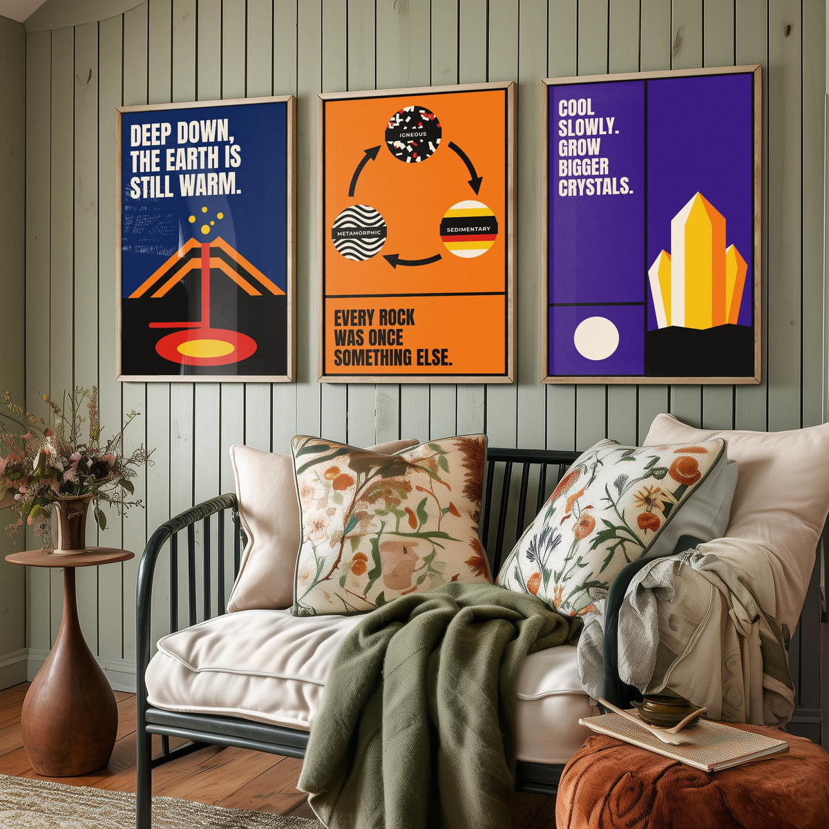 Geology Quotes Set of Three Art Prints - 3 Retro Bauhaus Rocks and Fossils Posters - Minimalist Science Wall Art Illustration V2