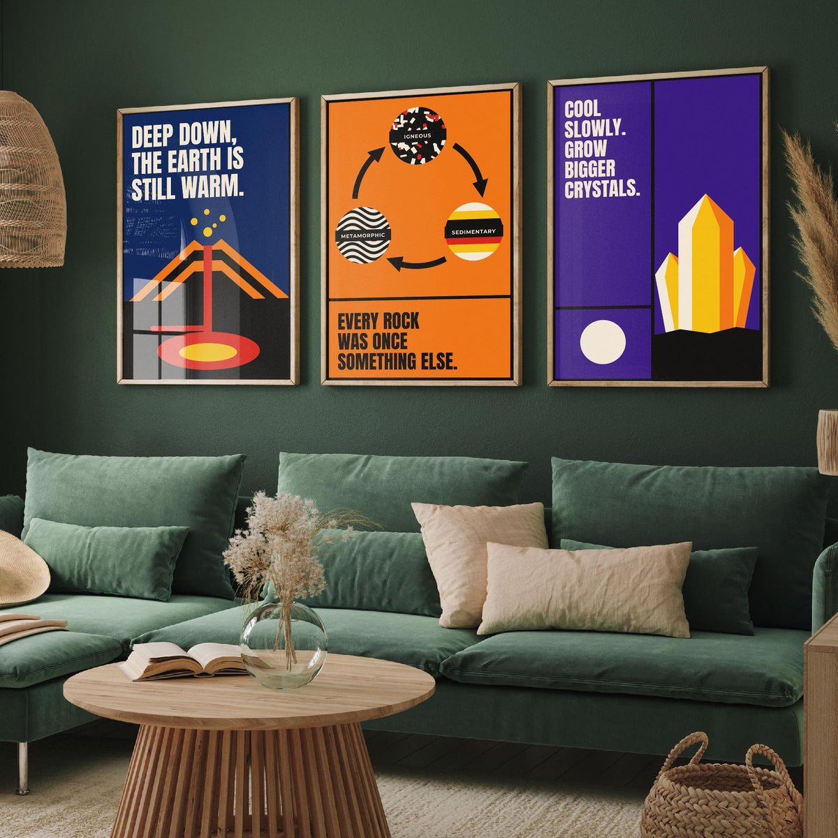 Geology Quotes Set of Three Art Prints - 3 Retro Bauhaus Rocks and Fossils Posters - Minimalist Science Wall Art Illustration V2