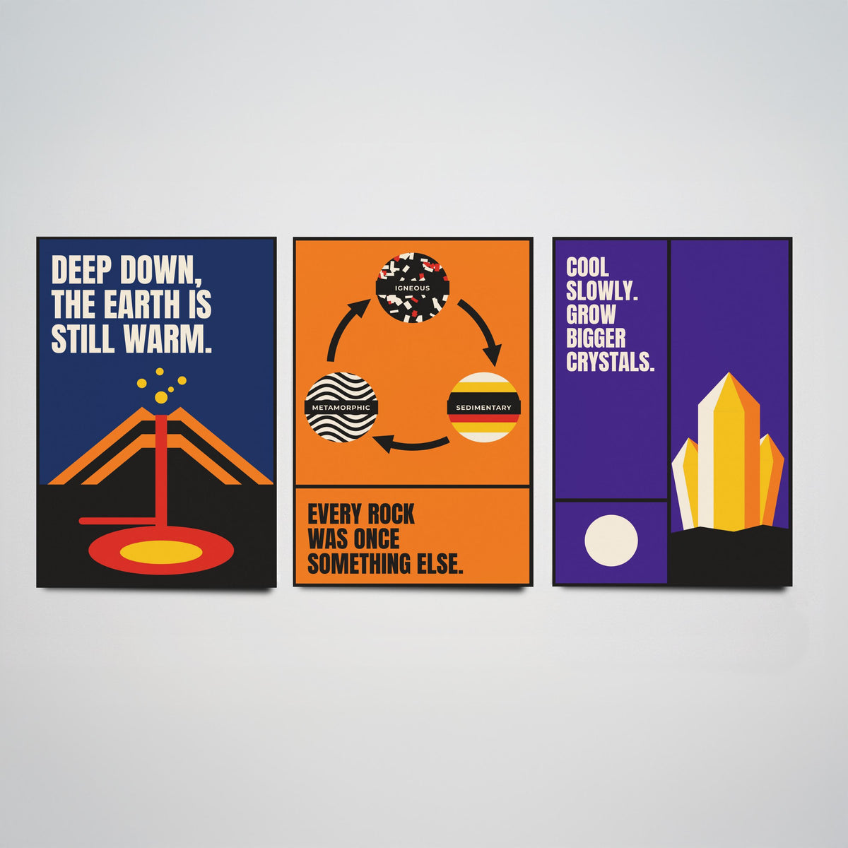 Geology Quotes Set of Three Art Prints - 3 Retro Bauhaus Rocks and Fossils Posters - Minimalist Science Wall Art Illustration V2
