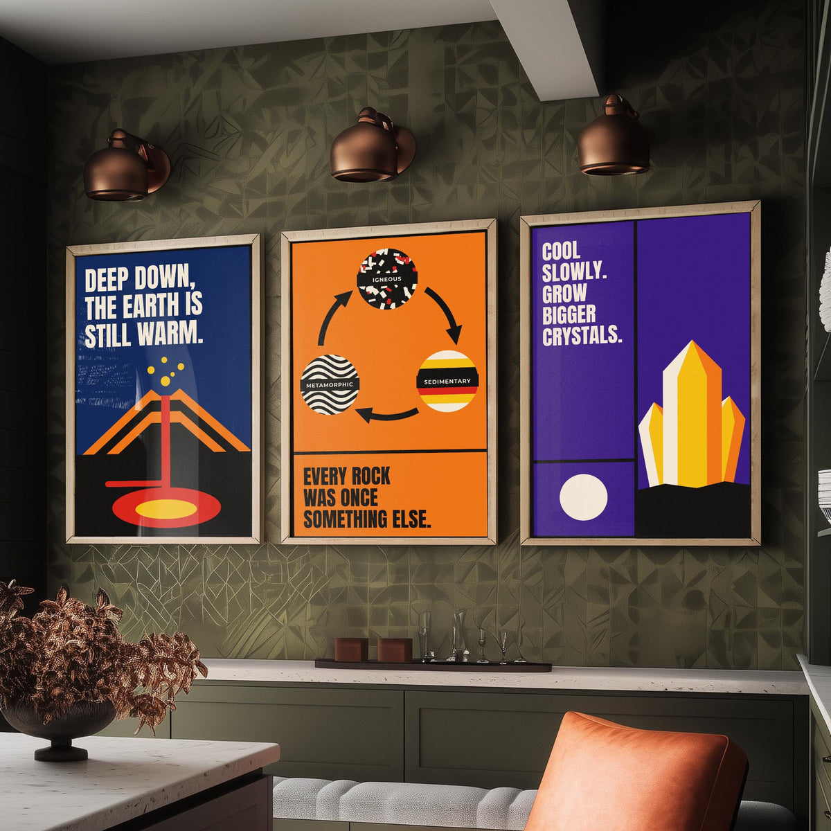 Geology Quotes Set of Three Art Prints - 3 Retro Bauhaus Rocks and Fossils Posters - Minimalist Science Wall Art Illustration V2