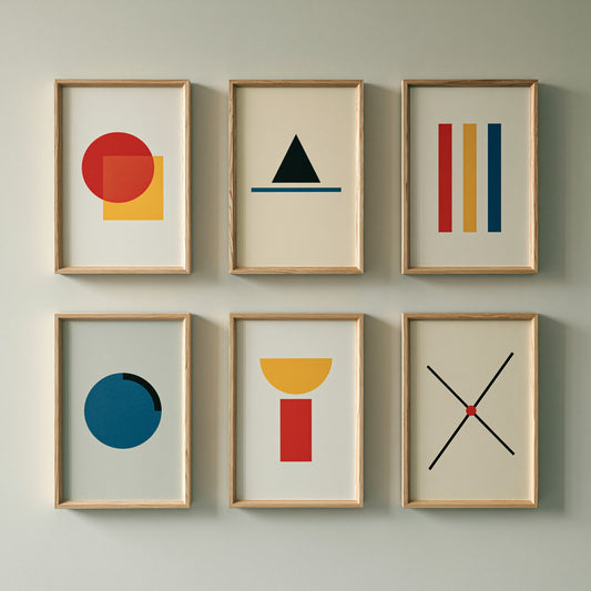 Set of Six Bauhaus Geometric Art Prints - 6 Mid-Century Illustrations - Circle, Square, Triangle, Bars, Cross - Red Yellow Blue Poster