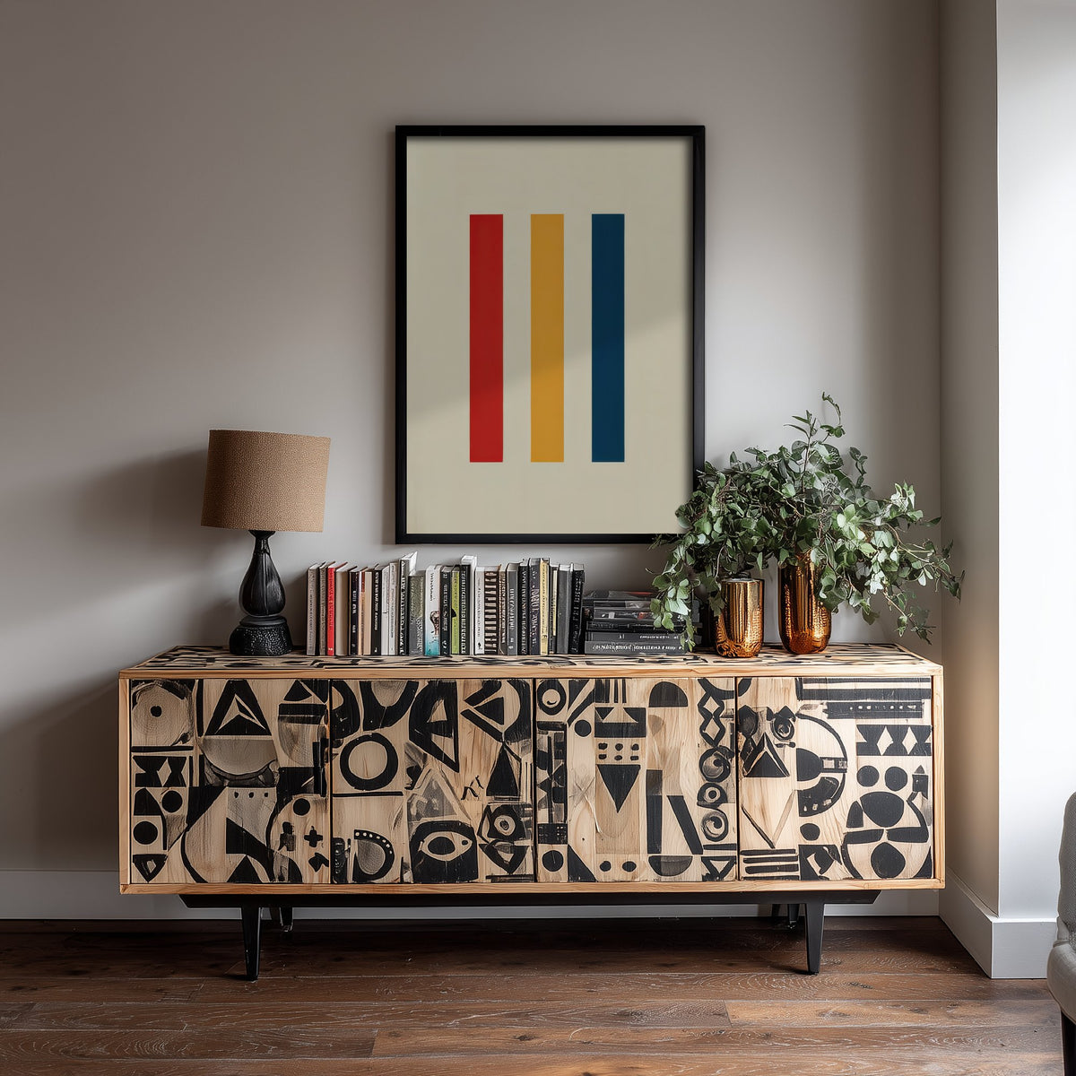 Red Yellow Blue Stripes Art Print - Bauhaus Vertical Bars Poster - Retro Modernist Illustration V1 3/3