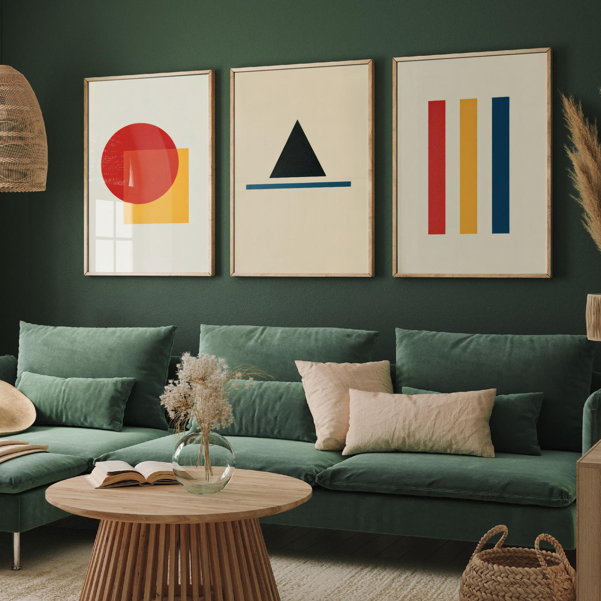 Bauhaus Geometric Shapes Set of Three Art Prints - Red Circle and Square, Black Triangle, Primary Stripes - Abstract Poster Illustration V1