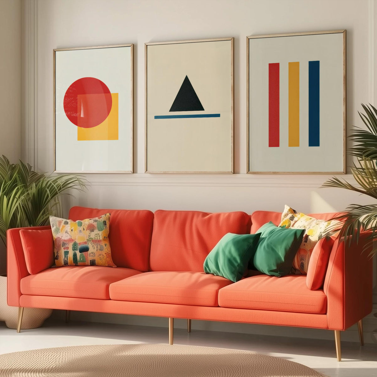 Bauhaus Geometric Shapes Set of Three Art Prints - Red Circle and Square, Black Triangle, Primary Stripes - Abstract Poster Illustration V1