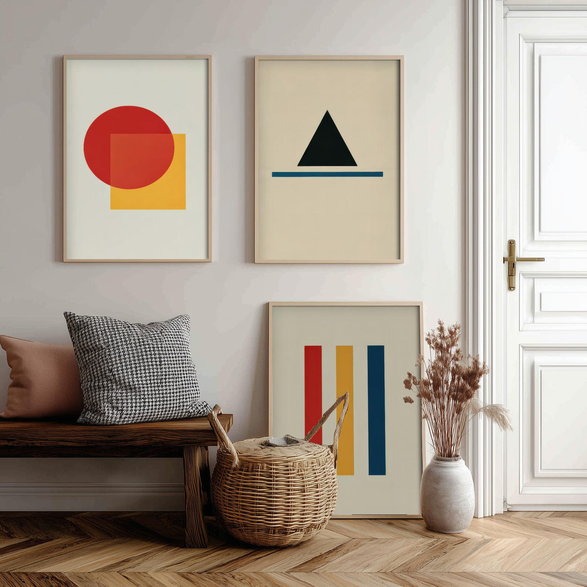 Bauhaus Geometric Shapes Set of Three Art Prints - Red Circle and Square, Black Triangle, Primary Stripes - Abstract Poster Illustration V1