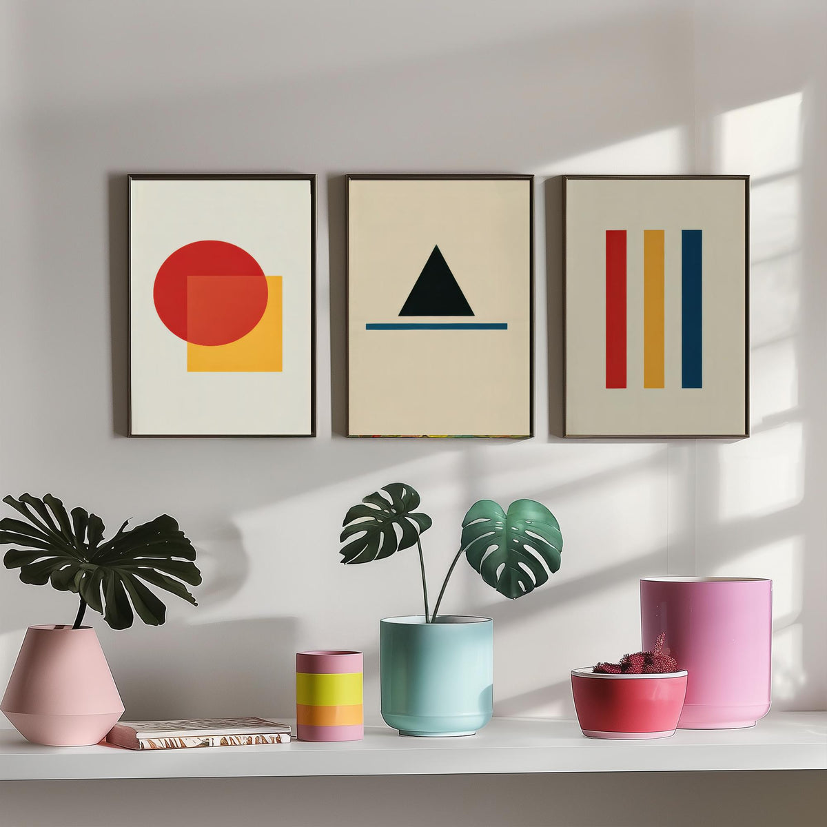 Bauhaus Geometric Shapes Set of Three Art Prints - Red Circle and Square, Black Triangle, Primary Stripes - Abstract Poster Illustration V1