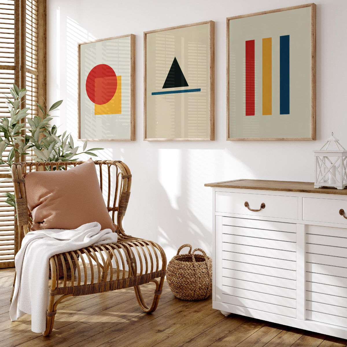 Bauhaus Geometric Shapes Set of Three Art Prints - Red Circle and Square, Black Triangle, Primary Stripes - Abstract Poster Illustration V1