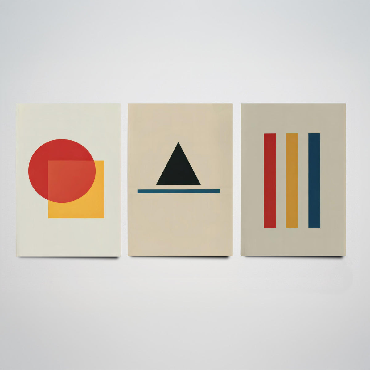 Bauhaus Geometric Shapes Set of Three Art Prints - Red Circle and Square, Black Triangle, Primary Stripes - Abstract Poster Illustration V1