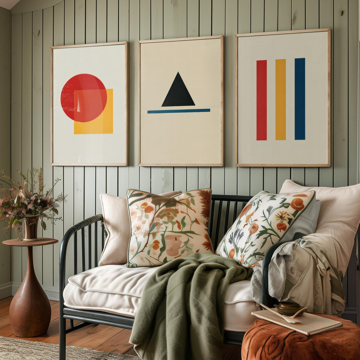 Bauhaus Geometric Shapes Set of Three Art Prints - Red Circle and Square, Black Triangle, Primary Stripes - Abstract Poster Illustration V1