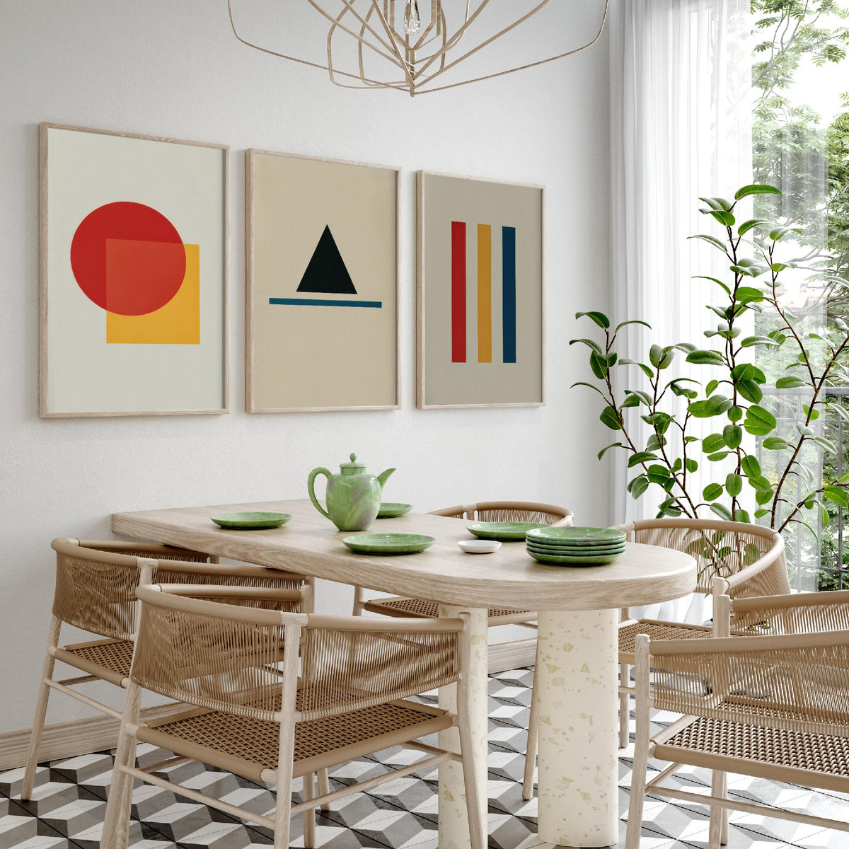 Bauhaus Geometric Shapes Set of Three Art Prints - Red Circle and Square, Black Triangle, Primary Stripes - Abstract Poster Illustration V1