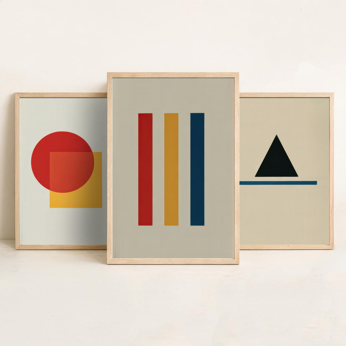 Bauhaus Geometric Shapes Set of Three Art Prints - Red Circle and Square, Black Triangle, Primary Stripes - Abstract Poster Illustration V1
