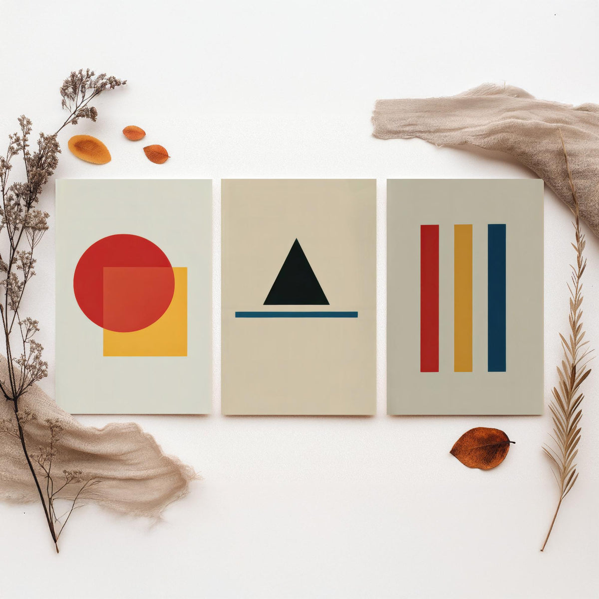 Bauhaus Geometric Shapes Set of Three Art Prints - Red Circle and Square, Black Triangle, Primary Stripes - Abstract Poster Illustration V1