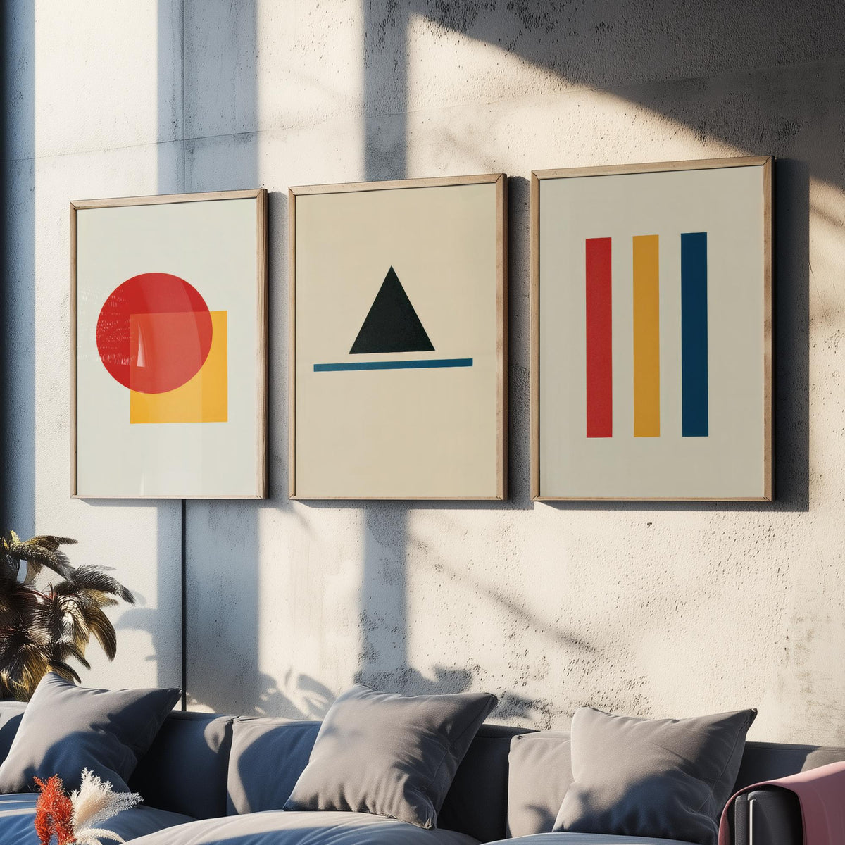 Bauhaus Geometric Shapes Set of Three Art Prints - Red Circle and Square, Black Triangle, Primary Stripes - Abstract Poster Illustration V1