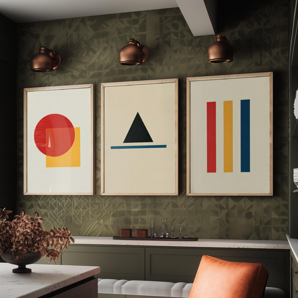 Bauhaus Geometric Shapes Set of Three Art Prints - Red Circle and Square, Black Triangle, Primary Stripes - Abstract Poster Illustration V1