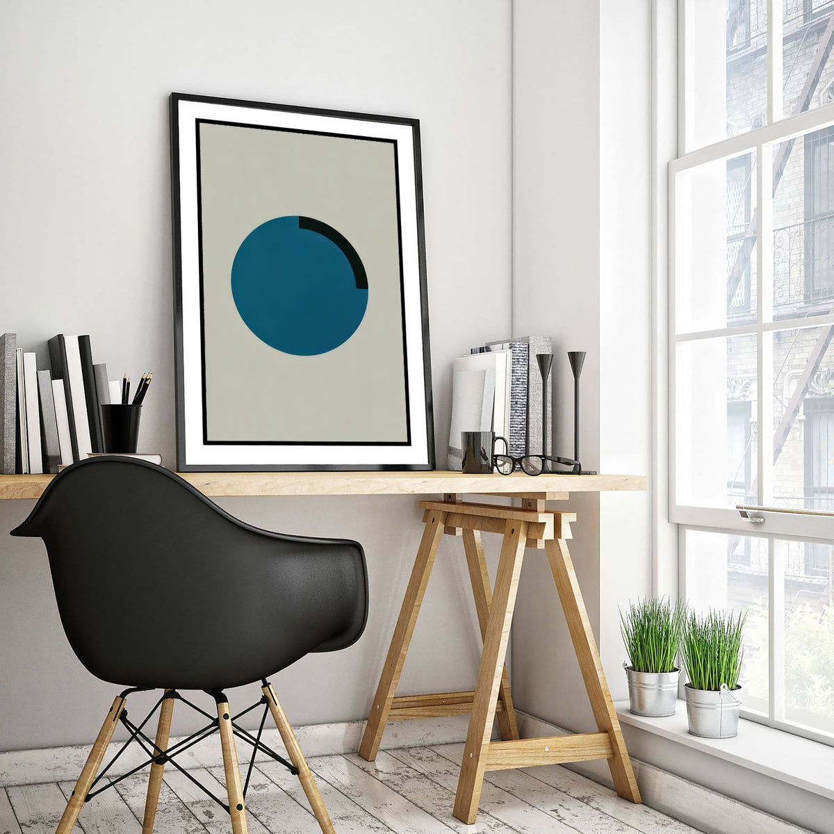 Blue Circle Art Print - Bauhaus Quarter Arc Poster - Minimal Geometric Disc Illustration V2 1/3