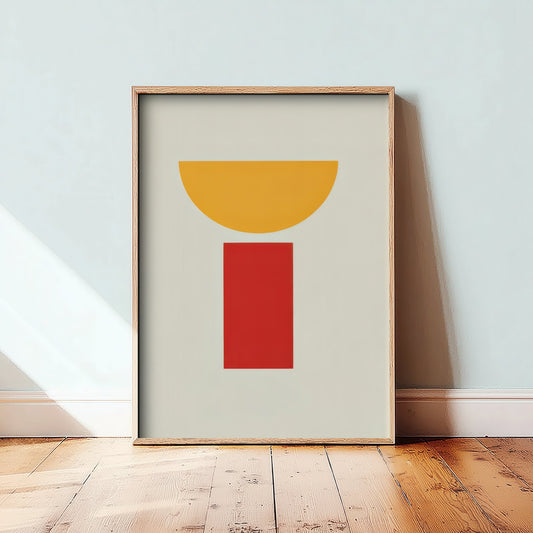 Yellow Half Moon Art Print - Red Pillar Bauhaus Poster - Goblet Shape Abstract Illustration V2 2/3