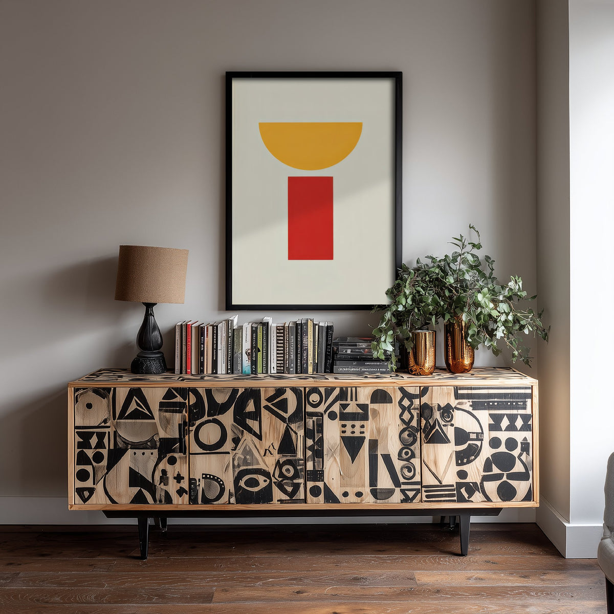 Yellow Half Moon Art Print - Red Pillar Bauhaus Poster - Goblet Shape Abstract Illustration V2 2/3