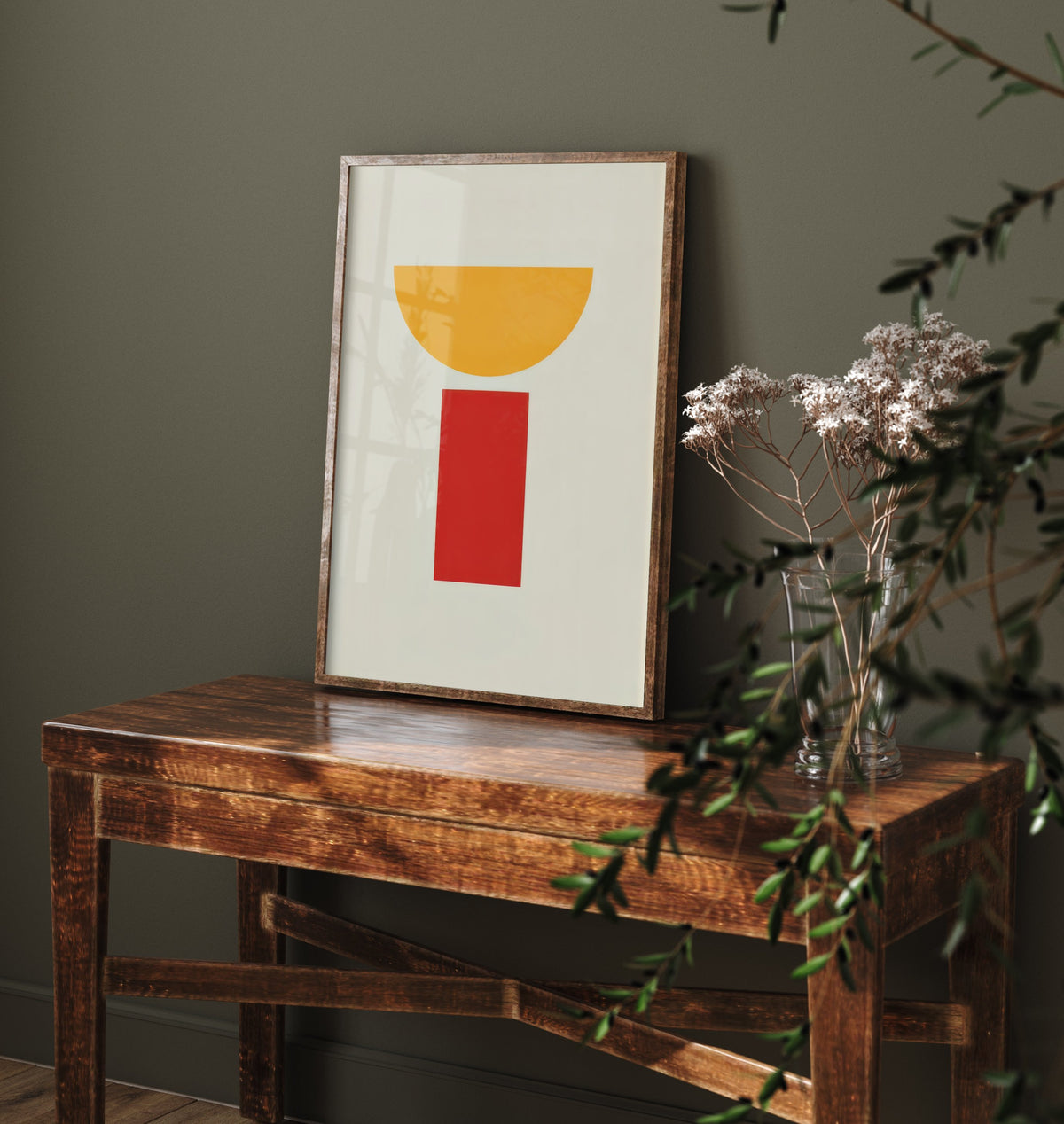 Yellow Half Moon Art Print - Red Pillar Bauhaus Poster - Goblet Shape Abstract Illustration V2 2/3