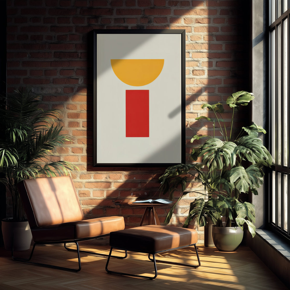 Yellow Half Moon Art Print - Red Pillar Bauhaus Poster - Goblet Shape Abstract Illustration V2 2/3