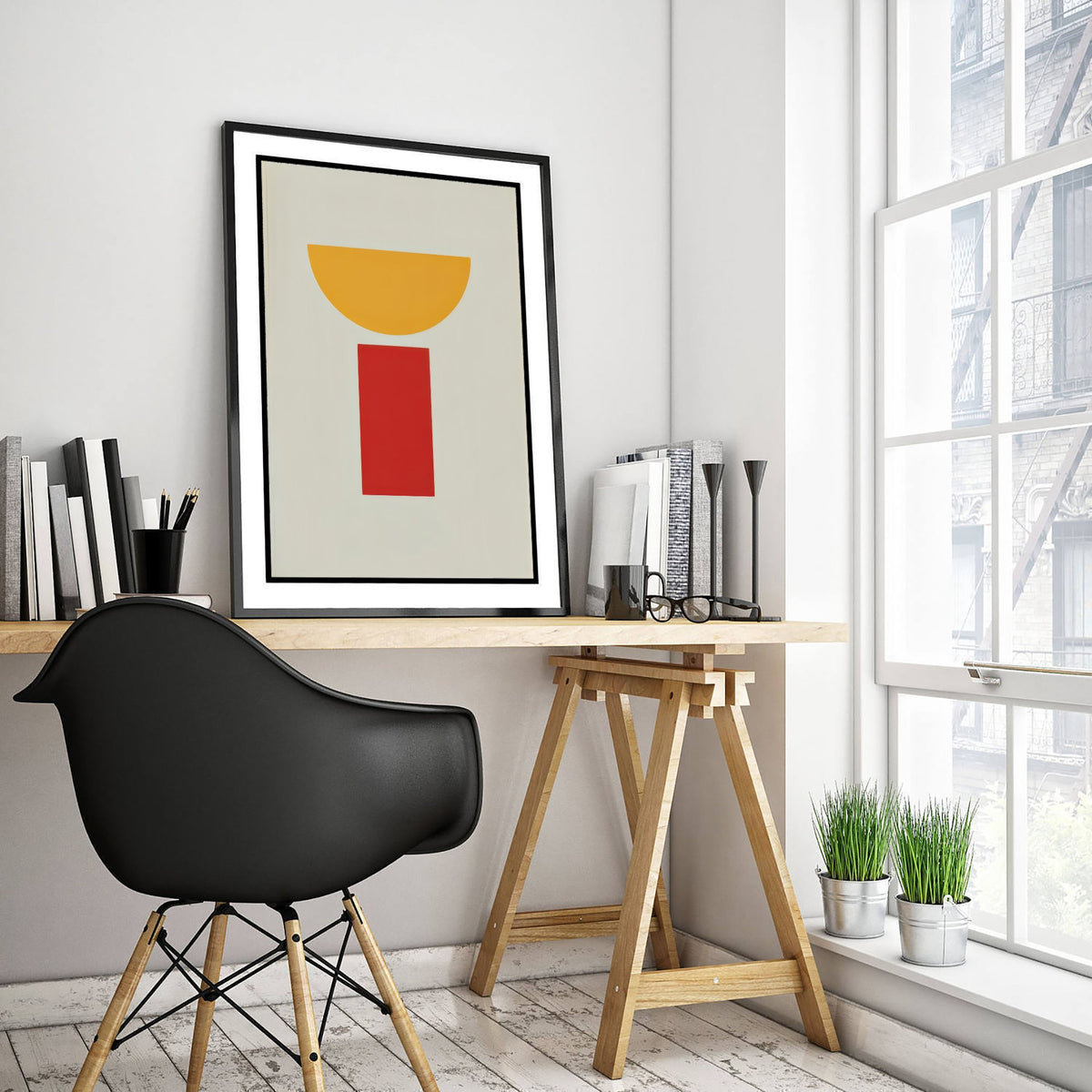 Yellow Half Moon Art Print - Red Pillar Bauhaus Poster - Goblet Shape Abstract Illustration V2 2/3