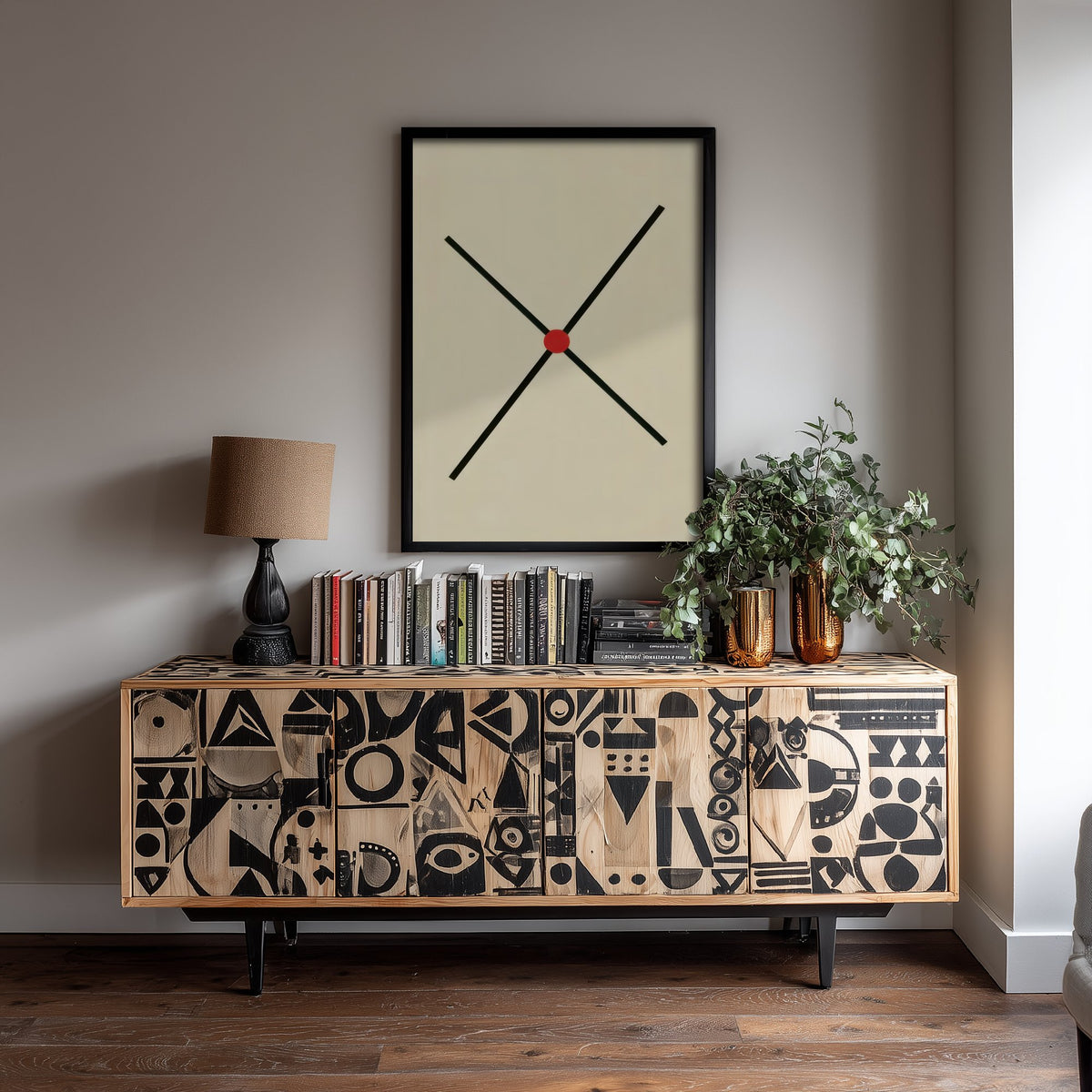 Black Cross Art Print - Red Dot Bauhaus X Poster - Constructivist Line Illustration V2 3/3