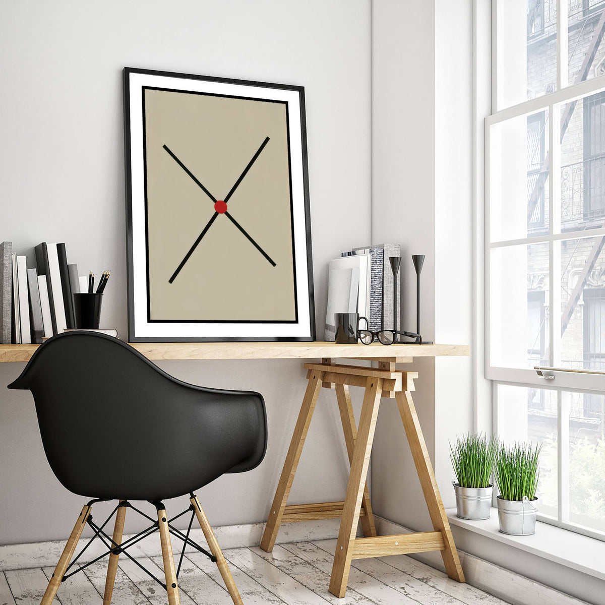 Black Cross Art Print - Red Dot Bauhaus X Poster - Constructivist Line Illustration V2 3/3