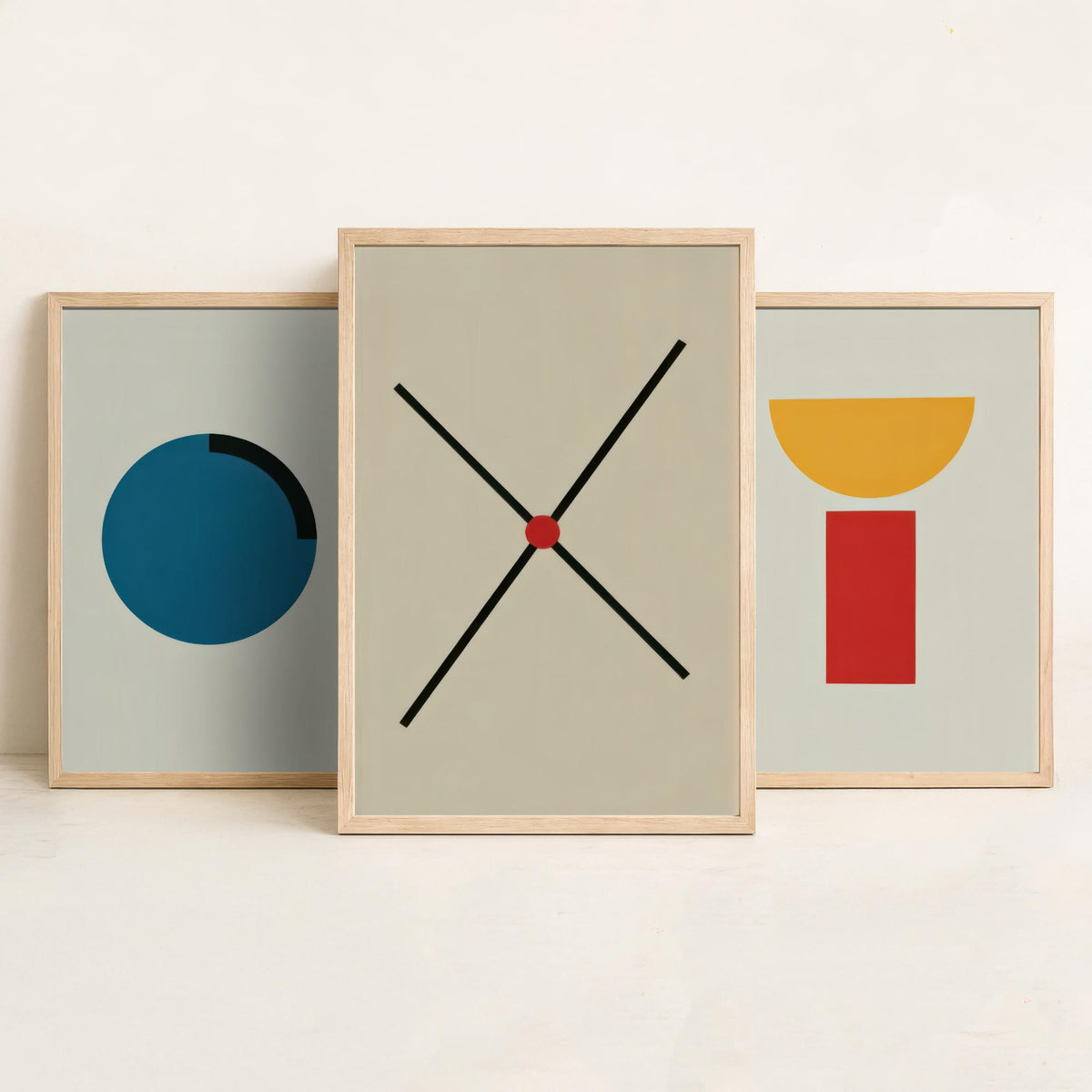 Bauhaus Circle, Bowl & Cross Set of Three Art Prints - Blue Disc, Yellow Half Moon on Red Block, Black X - Geometric Poster Illustration V2