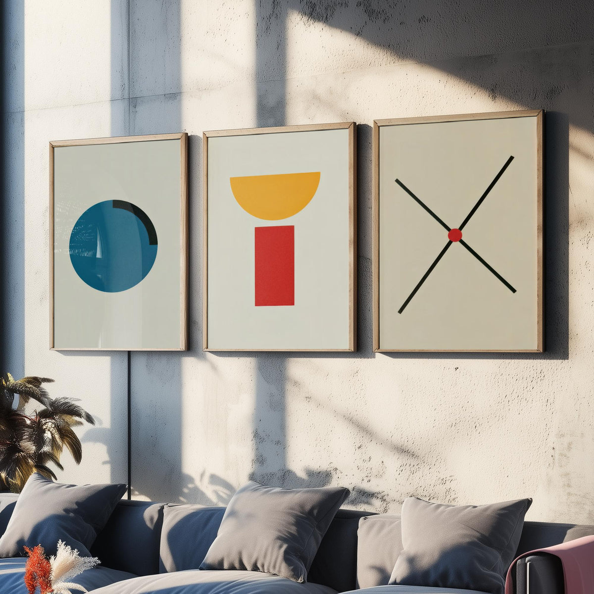 Bauhaus Circle, Bowl & Cross Set of Three Art Prints - Blue Disc, Yellow Half Moon on Red Block, Black X - Geometric Poster Illustration V2