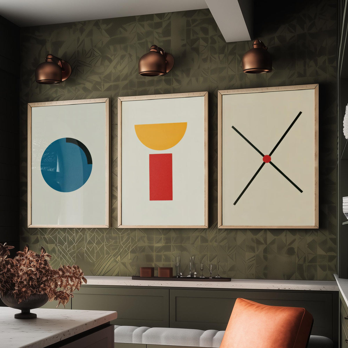 Bauhaus Circle, Bowl & Cross Set of Three Art Prints - Blue Disc, Yellow Half Moon on Red Block, Black X - Geometric Poster Illustration V2