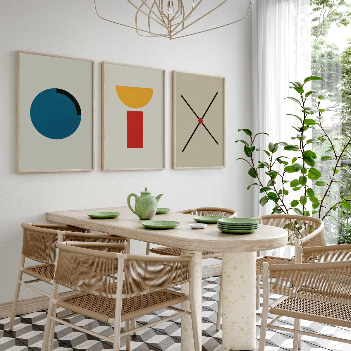 Bauhaus Circle, Bowl & Cross Set of Three Art Prints - Blue Disc, Yellow Half Moon on Red Block, Black X - Geometric Poster Illustration V2