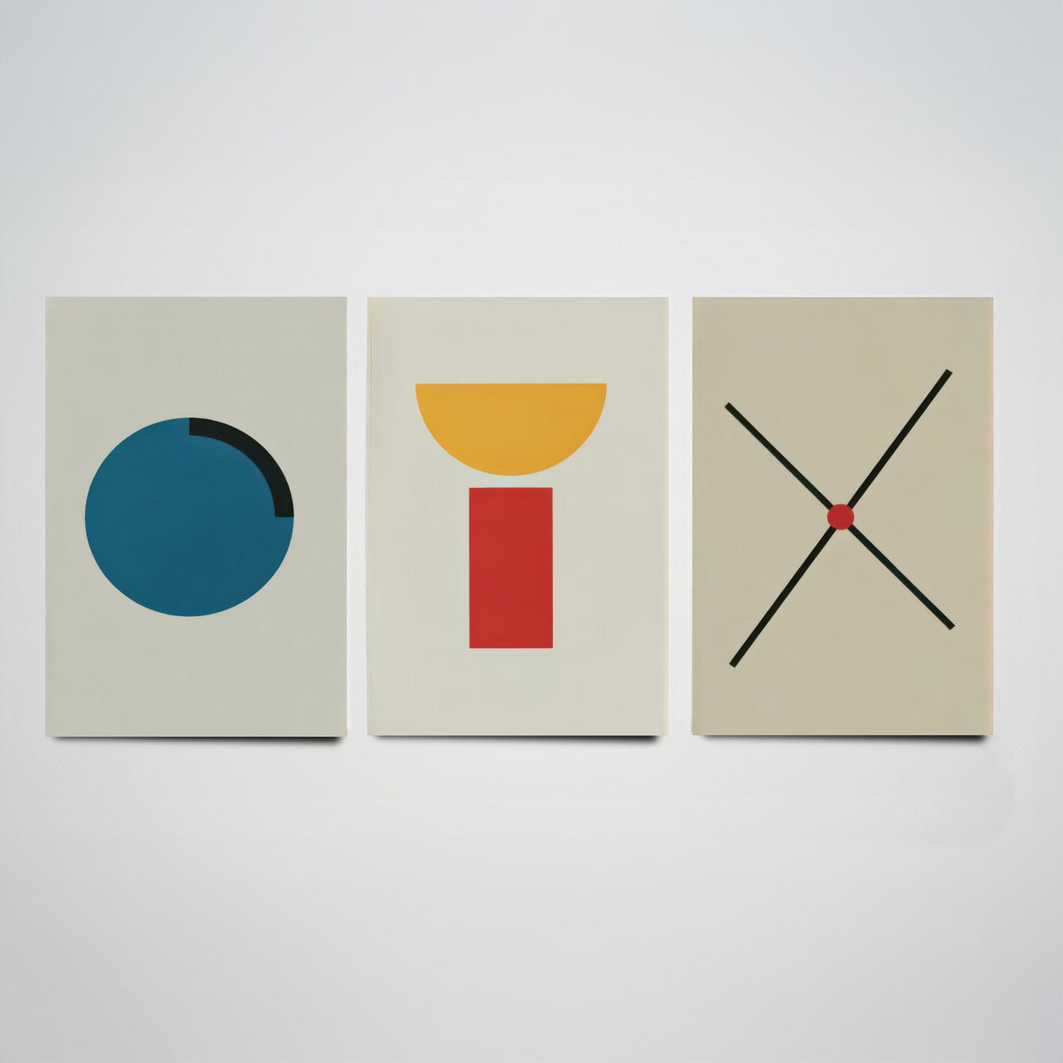 Bauhaus Circle, Bowl & Cross Set of Three Art Prints - Blue Disc, Yellow Half Moon on Red Block, Black X - Geometric Poster Illustration V2