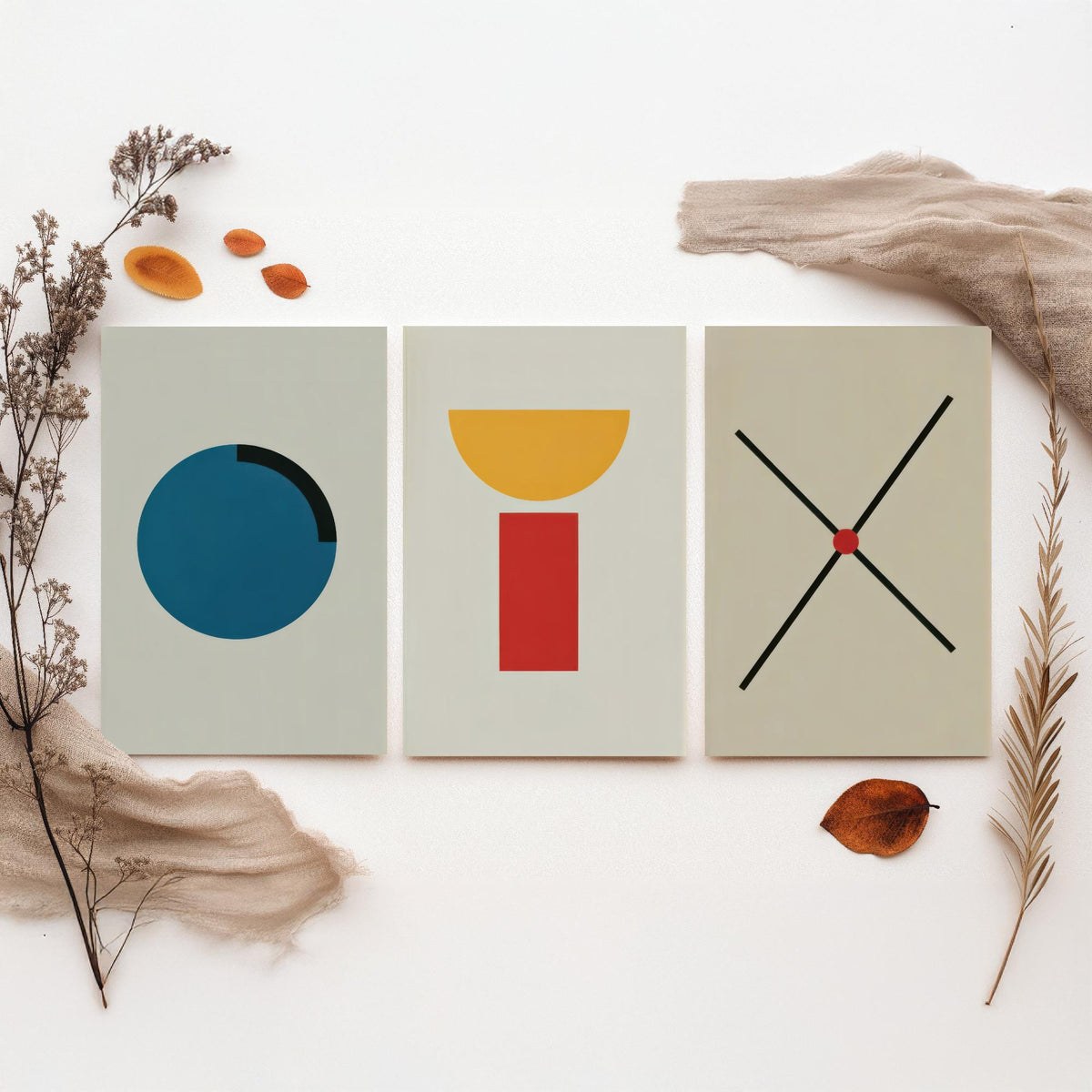 Bauhaus Circle, Bowl & Cross Set of Three Art Prints - Blue Disc, Yellow Half Moon on Red Block, Black X - Geometric Poster Illustration V2