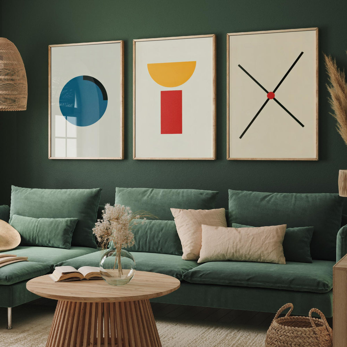 Bauhaus Circle, Bowl & Cross Set of Three Art Prints - Blue Disc, Yellow Half Moon on Red Block, Black X - Geometric Poster Illustration V2