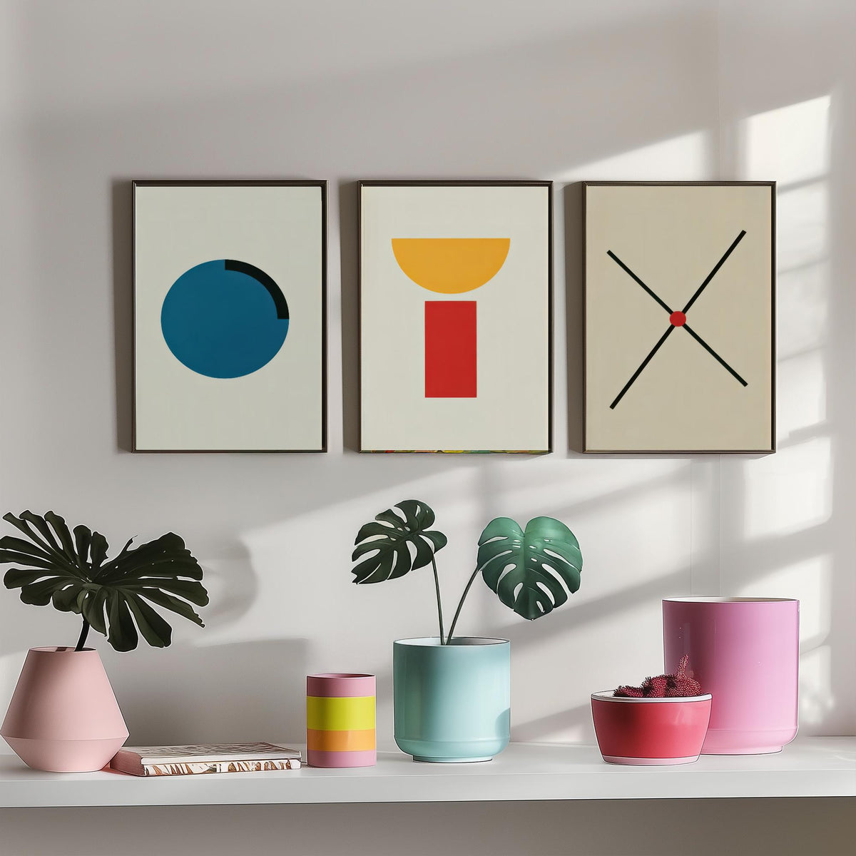 Bauhaus Circle, Bowl & Cross Set of Three Art Prints - Blue Disc, Yellow Half Moon on Red Block, Black X - Geometric Poster Illustration V2