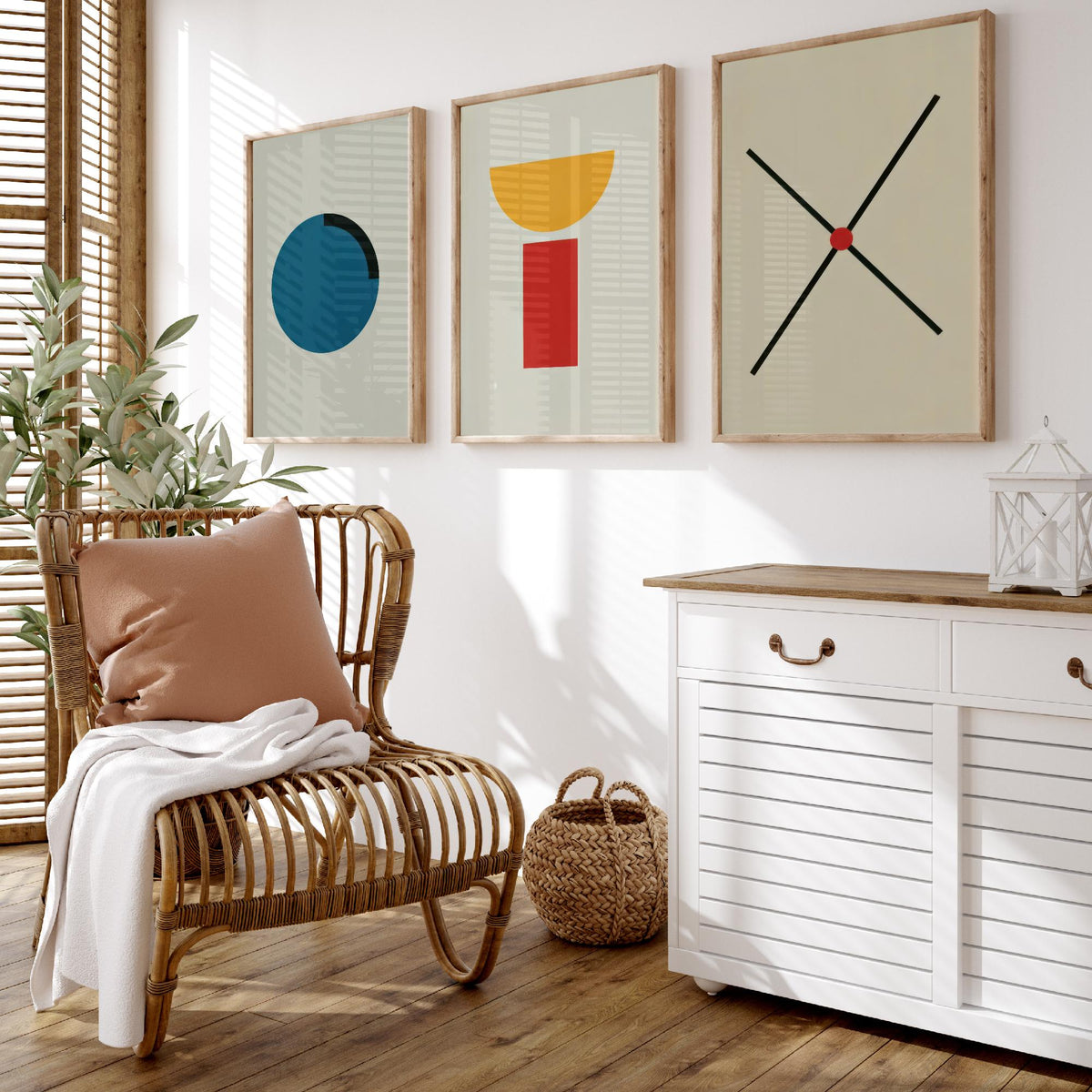Bauhaus Circle, Bowl & Cross Set of Three Art Prints - Blue Disc, Yellow Half Moon on Red Block, Black X - Geometric Poster Illustration V2