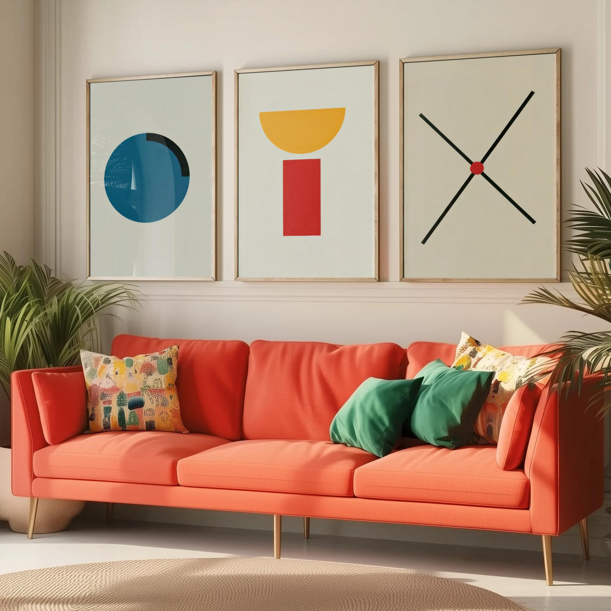 Bauhaus Circle, Bowl & Cross Set of Three Art Prints - Blue Disc, Yellow Half Moon on Red Block, Black X - Geometric Poster Illustration V2