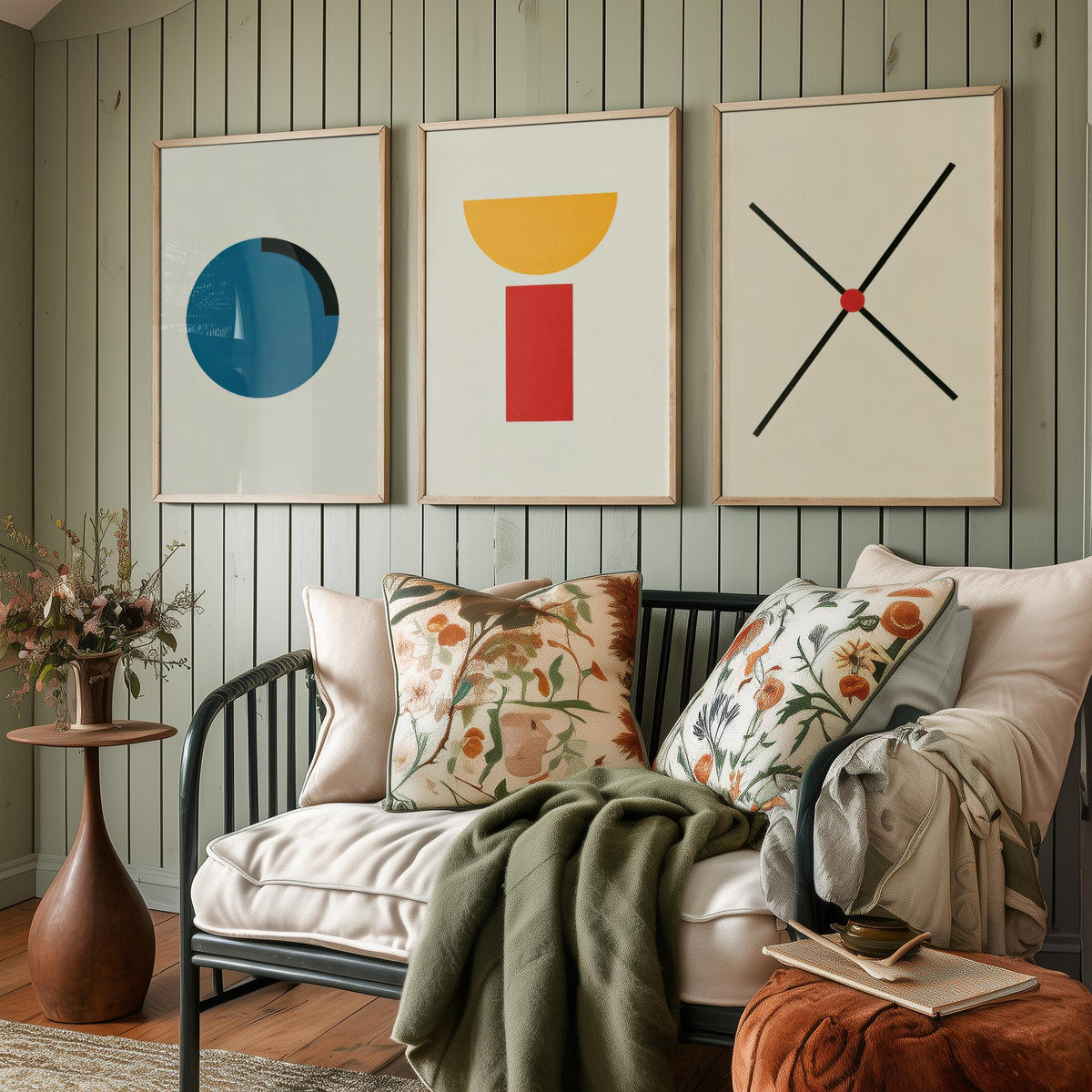 Bauhaus Circle, Bowl & Cross Set of Three Art Prints - Blue Disc, Yellow Half Moon on Red Block, Black X - Geometric Poster Illustration V2