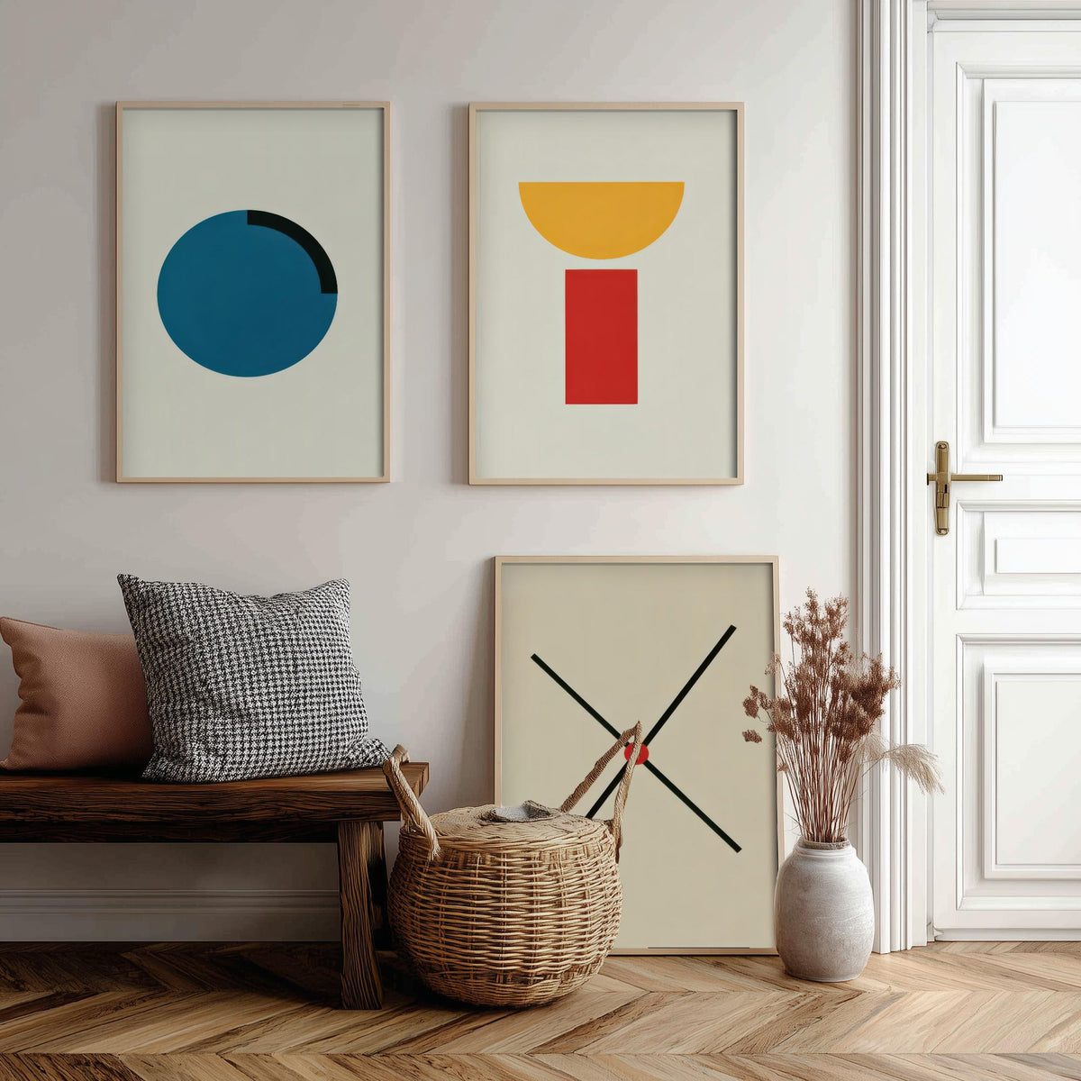 Bauhaus Circle, Bowl & Cross Set of Three Art Prints - Blue Disc, Yellow Half Moon on Red Block, Black X - Geometric Poster Illustration V2