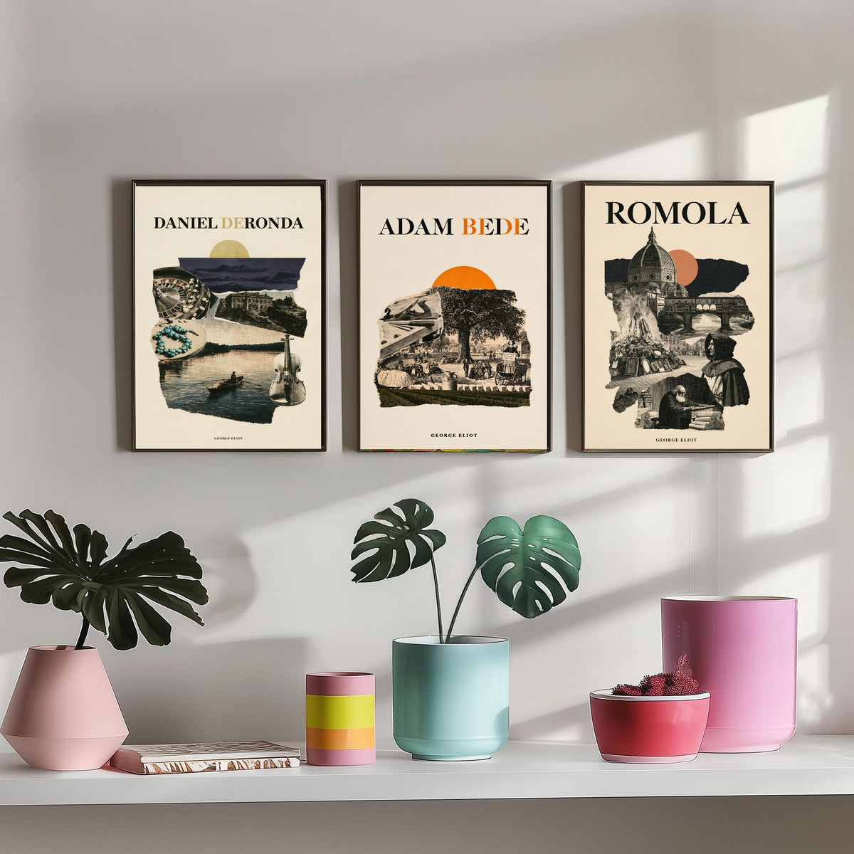 Daniel Deronda, Adam Bede and Romola Set of Three Art Prints - George Eliot Novels - Retro Engraving Collage Illustration Posters