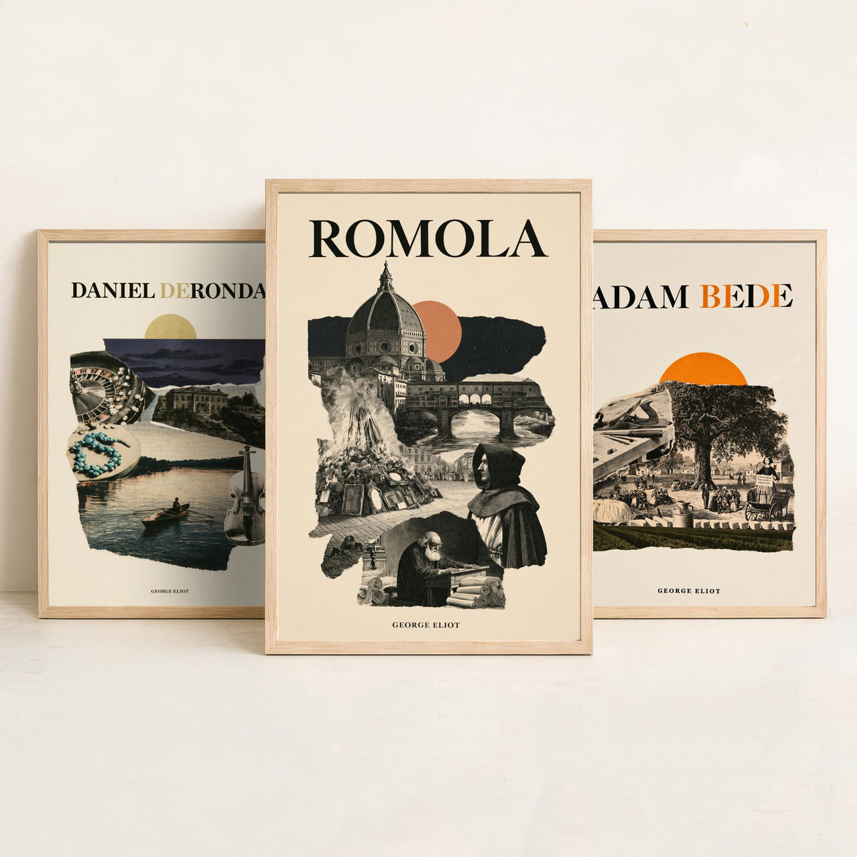 Daniel Deronda, Adam Bede and Romola Set of Three Art Prints - George Eliot Novels - Retro Engraving Collage Illustration Posters
