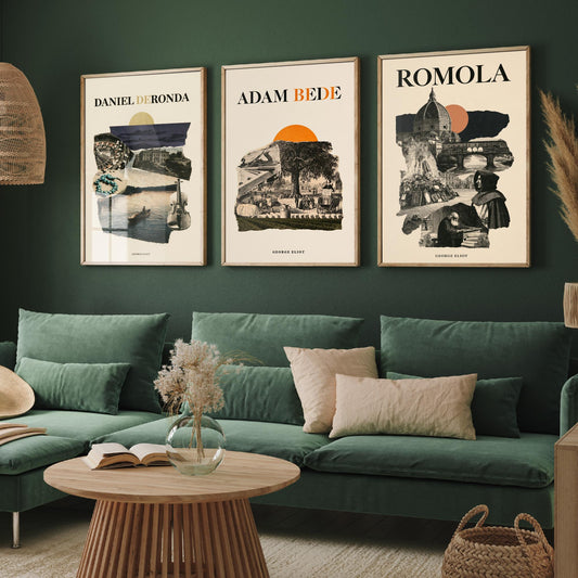 Daniel Deronda, Adam Bede and Romola Set of Three Art Prints - George Eliot Novels - Retro Engraving Collage Illustration Posters