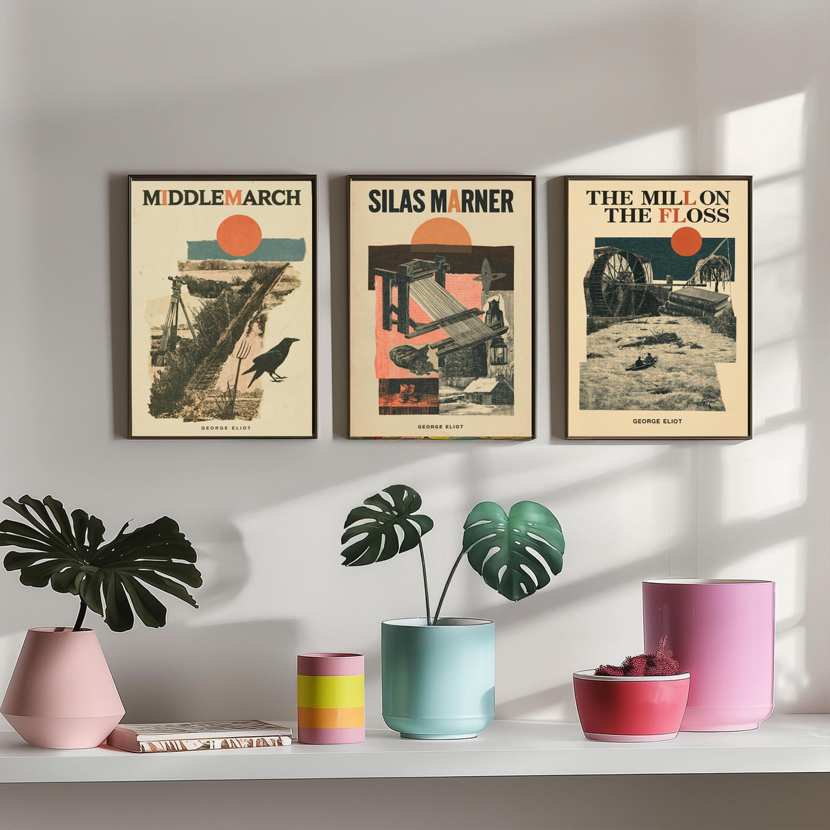 Middlemarch, Silas Marner and The Mill on the Floss Set of Three Art Prints - George Eliot Novels - Retro Collage Illustration Posters