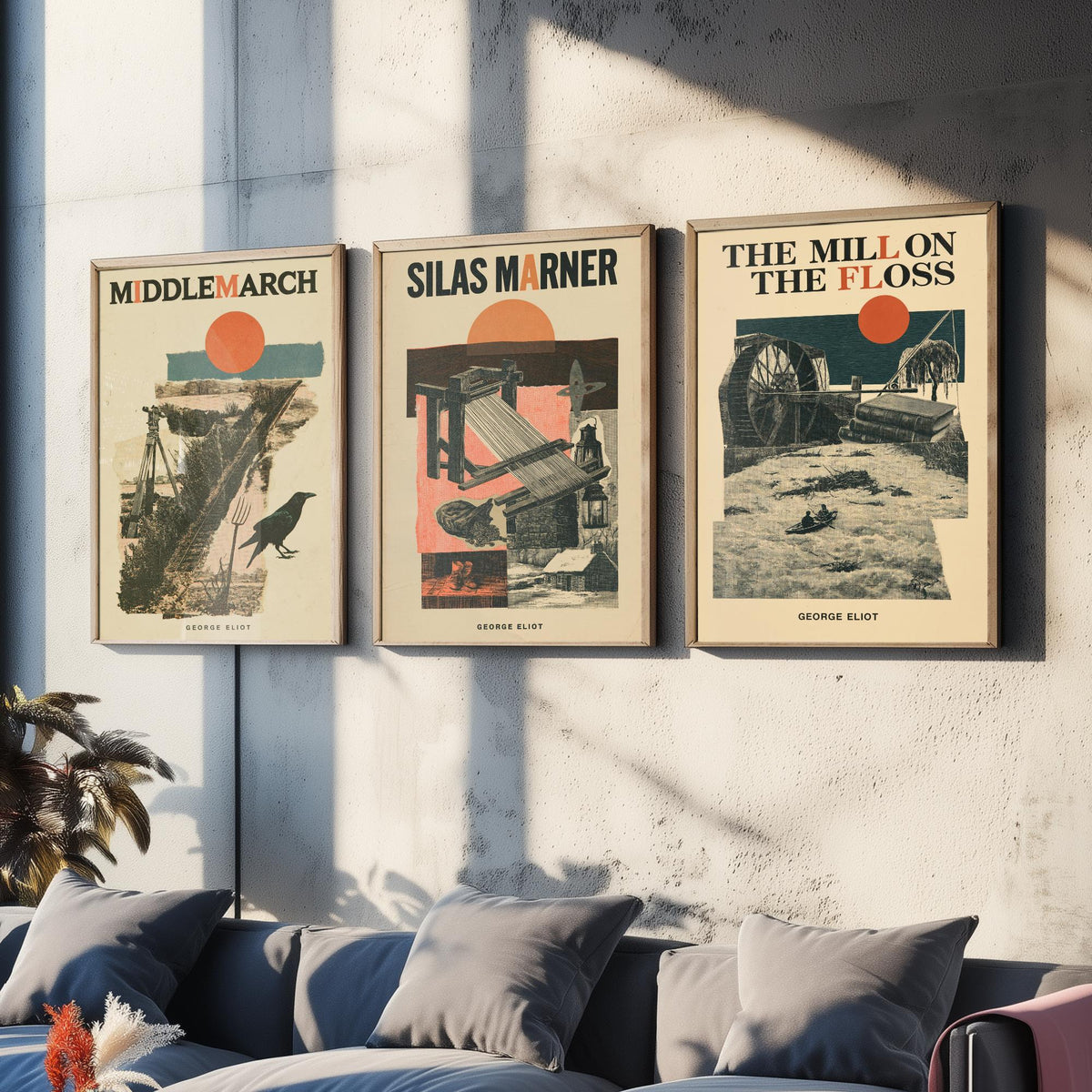 Middlemarch, Silas Marner and The Mill on the Floss Set of Three Art Prints - George Eliot Novels - Retro Collage Illustration Posters