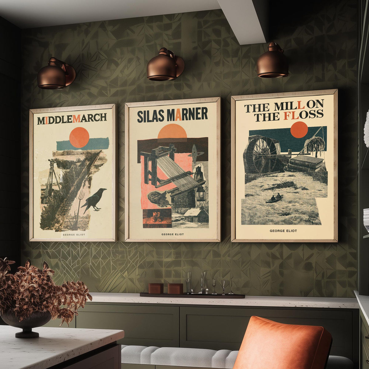 Middlemarch, Silas Marner and The Mill on the Floss Set of Three Art Prints - George Eliot Novels - Retro Collage Illustration Posters