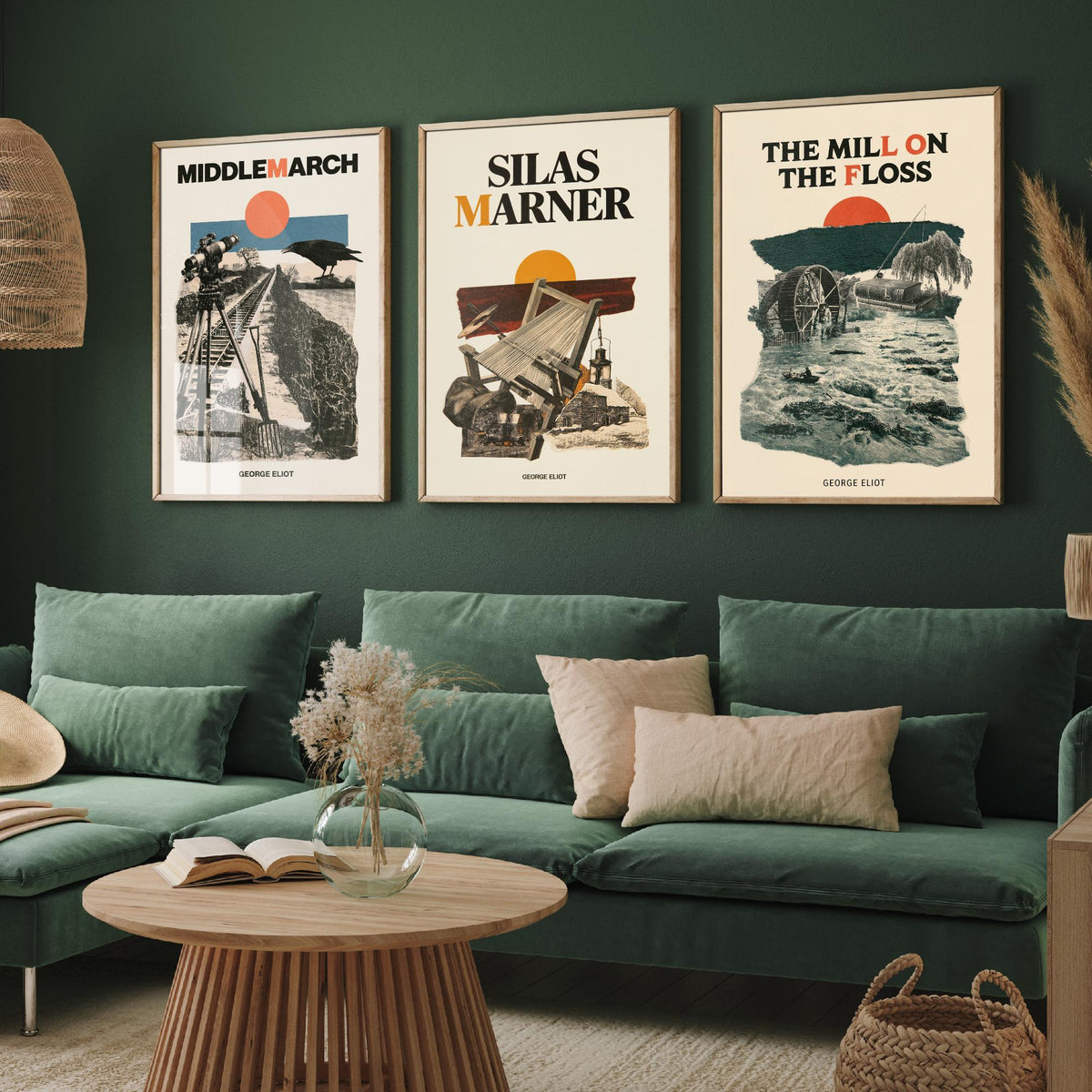 George Eliot Novel Set of Three Art Prints - Middlemarch, Silas Marner, The Mill on the Floss - Mid Century Collage Illustration Posters