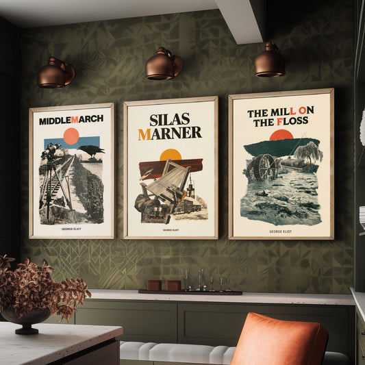 George Eliot Novel Set of Three Art Prints - Middlemarch, Silas Marner, The Mill on the Floss - Mid Century Collage Illustration Posters