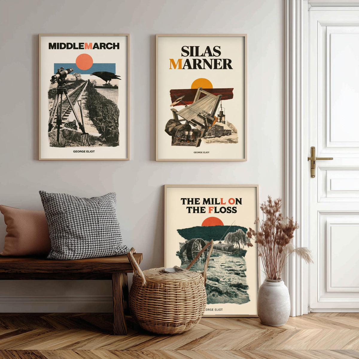 George Eliot Novel Set of Three Art Prints - Middlemarch, Silas Marner, The Mill on the Floss - Mid Century Collage Illustration Posters
