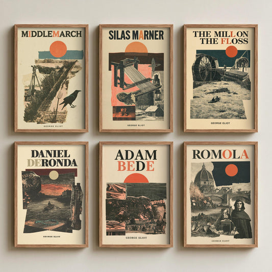 Set of Six George Eliot Novel Art Prints - 6 Vintage Paper Collage Book Cover Illustration Posters - Middlemarch, Silas Marner, Adam Bede